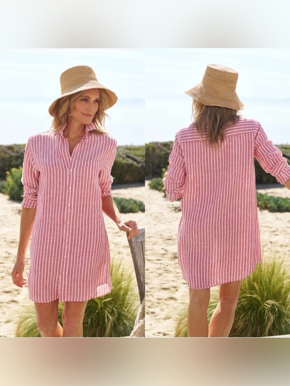 Frank & Eileen Red and White Striped Casual Button-Down Linen Dress